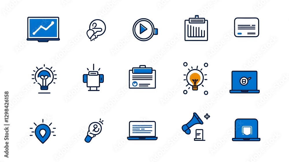Poster A collection of simple and elegant line icons showcasing the key elements of online webinars and e learning tools including live streaming business networking interactive discussions