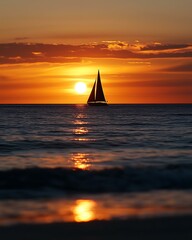 A serene sunset view with a sailboat gliding across the calm ocean waters.