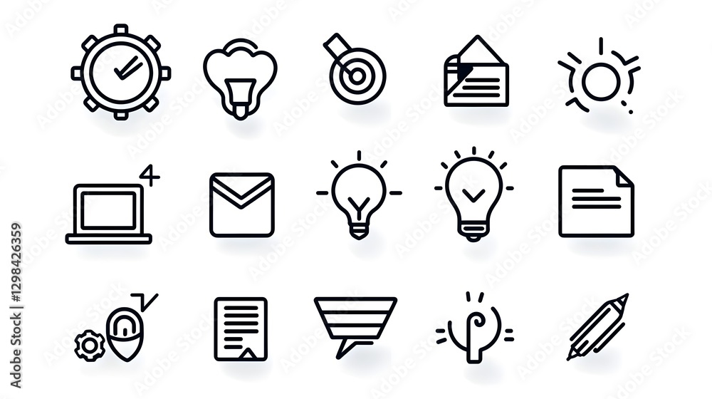 Poster set of vector style outline icons depicting symbols for professional training virtual meetings busin