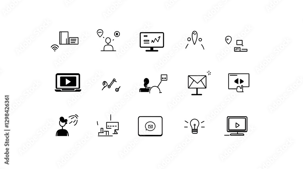 Poster This stylized icon collection in a clean line drawing style depicts various elements associated with online workshops  video conferences  digital coaching  and knowledge sharing sessions