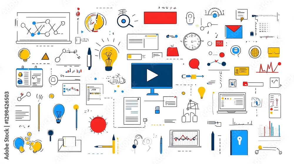 Poster Comprehensive digital icon set featuring abstract line art symbols that represent the essential elements of online learning  communication  and in a modern  minimalist aesthetic