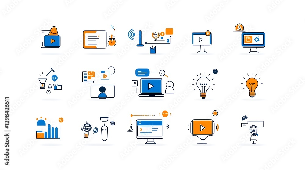 Aufkleber Neatly arranged collection of outline icons illustrating various aspects of online education  remote meetings  and live broadcast tools on a clean white canvas  Featuring video calls