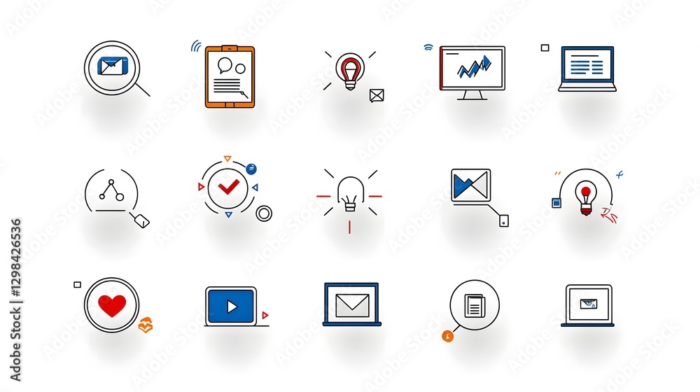 Poster This modern and structured icon set focuses on visual symbols for remote business and educational webinar activities  including line art icons for live events  knowledge exchange