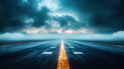Misty Evening View of Airport Runway with Soft Reflections on Pavement
