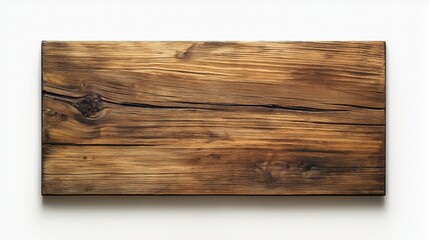 Obraz premium A high-angle, full shot of a weathered, rustic wooden tabletop, with visible wood grain and variations in tone from light gray-brown to dark brown, set against a pure white backgroun