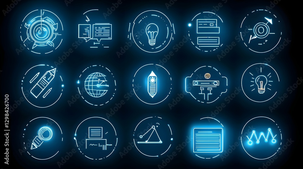 Fototapete set of futuristic line style icons representing a live interactive webinar environment with symbols 
