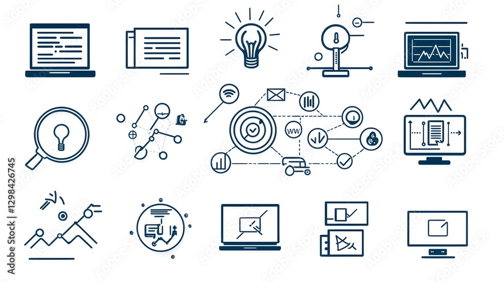 Poster Sleek monochrome line icons and symbols depicting a futuristic webinar environment including elements for real time discussions virtual teamwork knowledge sharing and digital classrooms