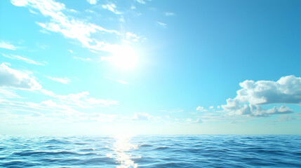 Obraz premium Bright Blue Sky And Ocean With Sunlight Reflection And White Clouds In The Horizon