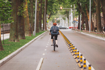 A cyclist pedals leisurely along a peaceful street bordered by lush trees, enjoying the fresh air...
