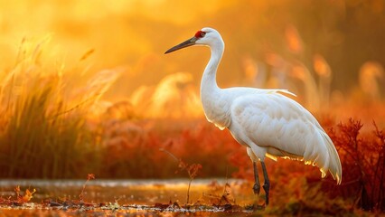 Whooping Crane in Natural Habitat with Serene Mood in a Wetland Background