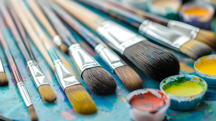 Fototapeta premium Various Paintbrushes and Colorful Paints Arranged on a Blue and White Wooden Palette Surface