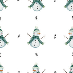 Cute watercolor snowman seamless pattern on transparent background 