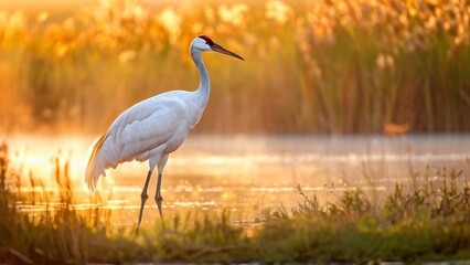 Whooping Crane in Natural Habitat with Serene Mood in a Wetland Background