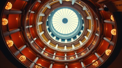 Naklejka premium Capitol Building, Capitol rotunda interior bold color grandeur curved lines glow chandeliers opulent detail.