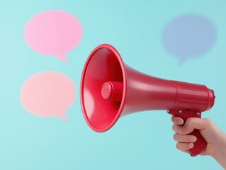 red megaphone with speech bubbles on blue background