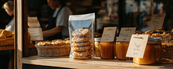 Freshly Baked Cookie Packaging Displayed at Local Bakery Vibrant Environment Inviting Atmosphere © Chayada