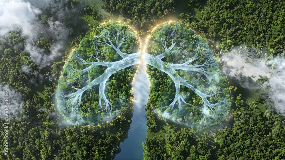 Poster vision of a dense untouched jungle forming the shape of human lungs with a glowing river running through its center and golden light rays piercing through the leaves