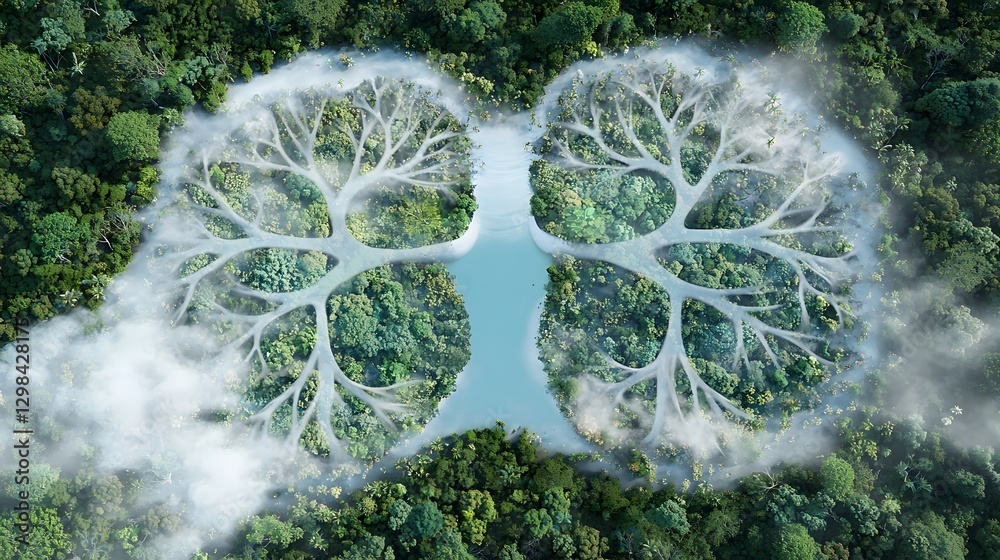 Aufkleber Breathtaking aerial view of a pristine untouched rainforest landscape featuring a stunning lung shaped lake at its heart surrounded by deep green canopies and birds soaring above