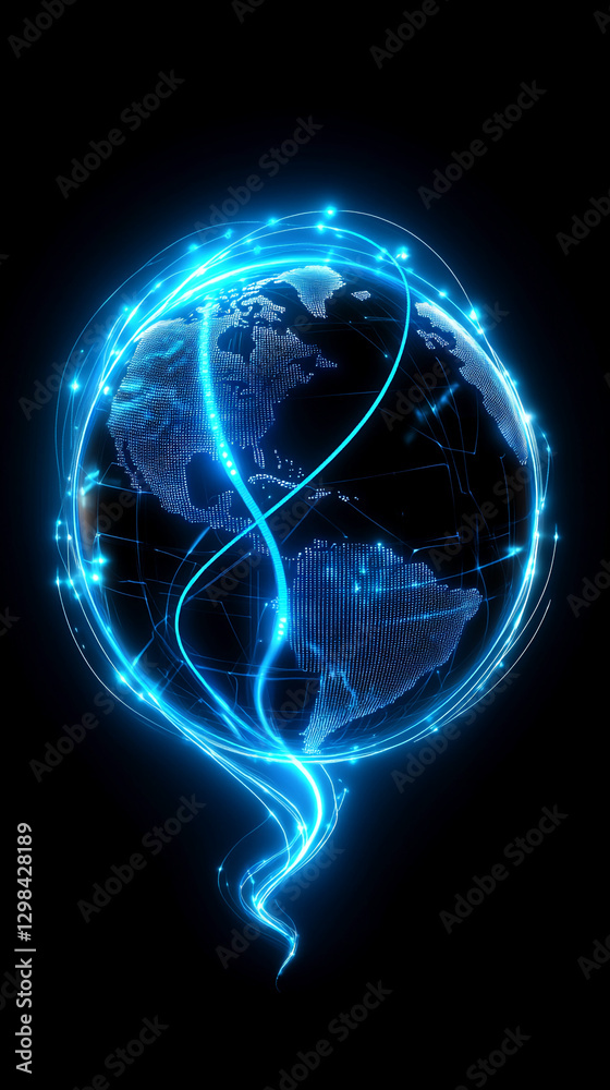 Poster a digital world map with glowing blue connections and light trails, representing the global network,