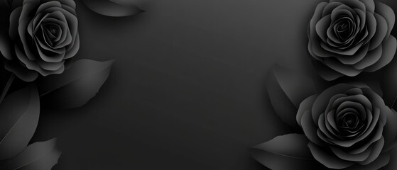 Three Black Paper Roses and Leaves on a Dark Background