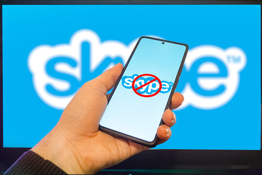 Kyiv, Ukraine 02.28.2025: Concept of closing the Skype app on a mobile device. The legendary video calling application is shutting down. Editorial stock photo.