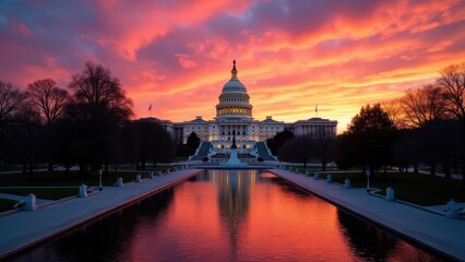 Obraz premium Capitol Building, Glowing US Capitol Building in warm sunset with vivid colors intricate details sharp shadows and reflective pools at dus