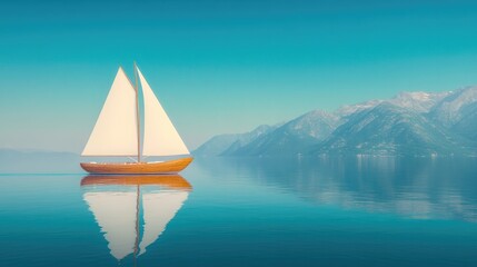 Sailing boat gliding on calm waters, reflecting serene mountains