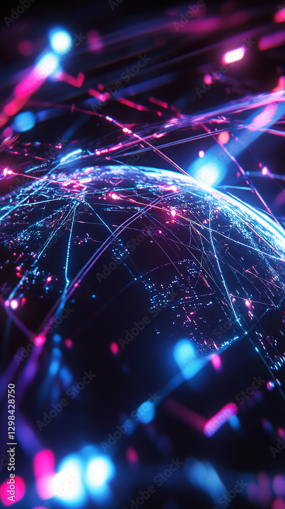 Poster a close-up digital abstract composition with glowing neon lines and dots on a dark background, repre