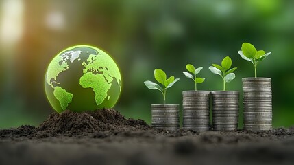 A glowing green globe with a world map sits beside stacks of silver coins each topped with vibrant seedlings sprouting from rich soil symbolizing sustainable investment carbon credit economy