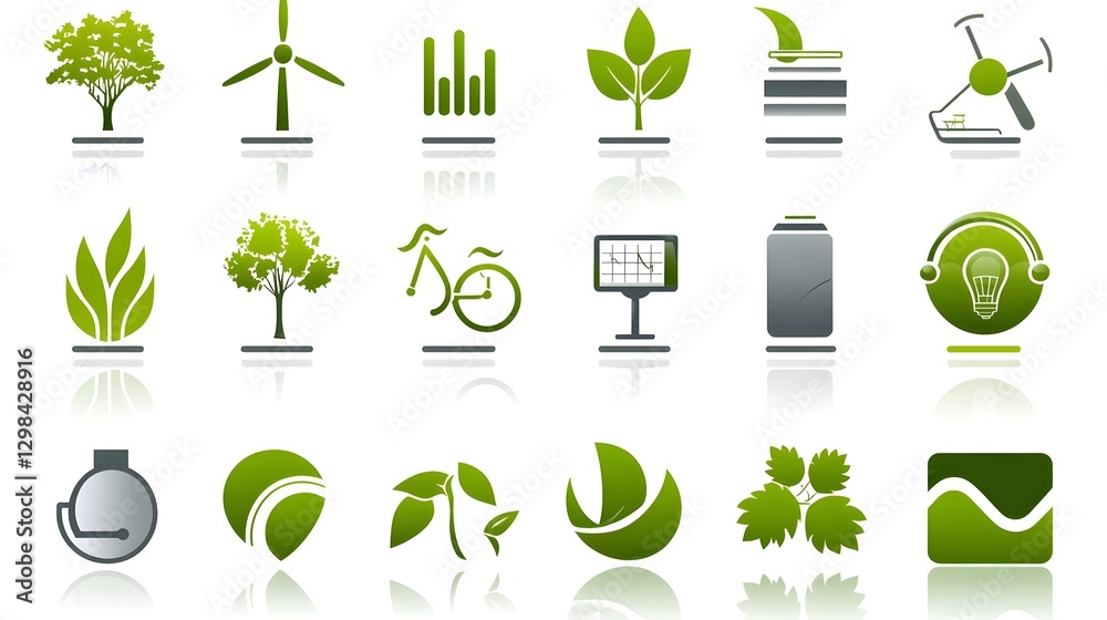 Aufkleber vibrant glowing eco friendly icons arranged in a balanced futuristic composition representing concep