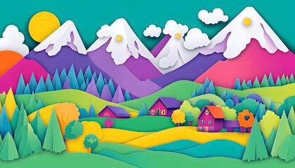 A vibrant, layered paper-cut landscape showcasing colorful mountains, houses, trees, and sun in a whimsical and cheerful scene.