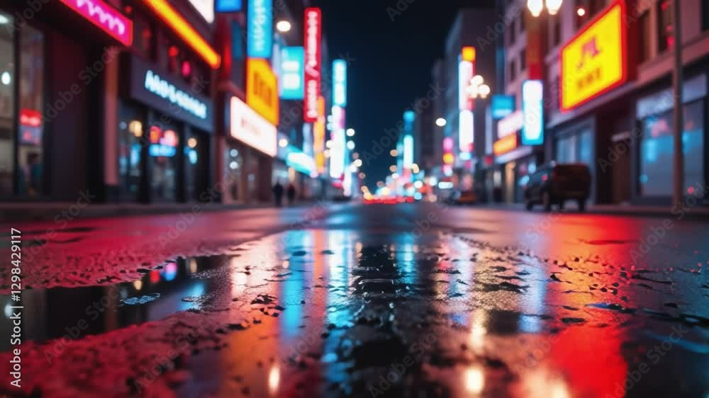 Aufkleber night view of the city, empty background scene dark street reflection on wet asphalt rays of colorfu