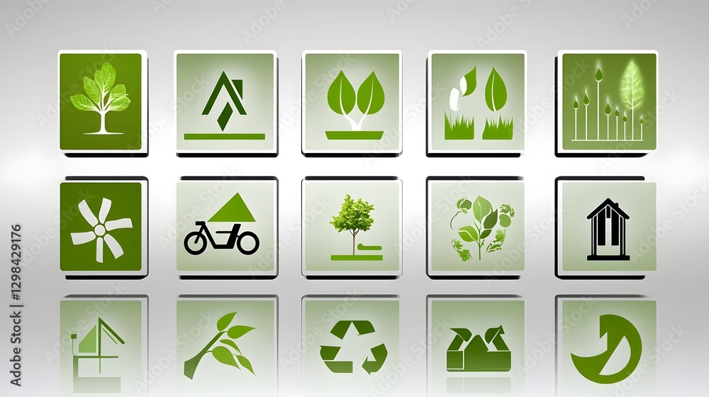 Poster a digital interface displaying a collection of glowing eco icons representing sustainable practices 