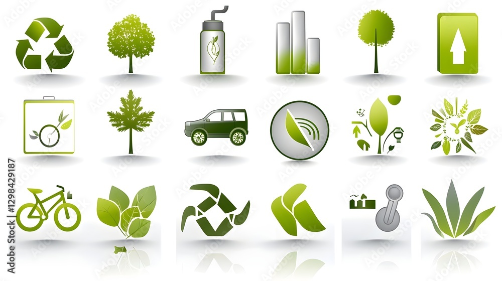 Poster a dynamic 3d featuring a collection of abstract nature inspired green icons representing environment