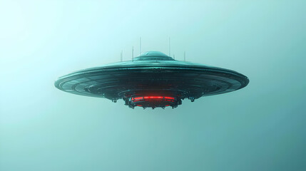 Obraz premium Metallic Futuristic UFO with Red Glowing Lights in a Misty Sky