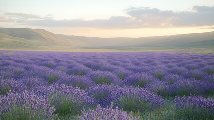 Fototapeta premium Lavender field at dawn, rolling hills, peaceful scene, suitable for nature photography, greeting cards
