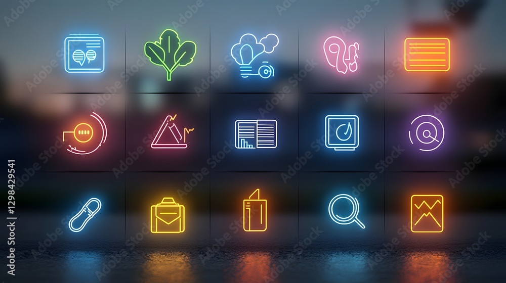 Poster A dynamic and visually striking set of 15 futuristic holographic icons representing various aspects of environmental social and corporate governance ESG on a soft gradient background