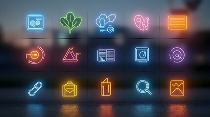 A dynamic and visually striking set of 15 futuristic holographic icons representing various aspects of environmental social and corporate governance ESG on a soft gradient background