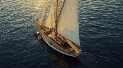 Aerial view of a classic sailboat gliding gracefully over the calm sea at sunset.