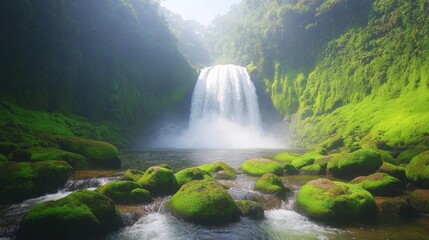 Fototapeta premium Majestic waterfall cascades through lush greenery, creating sere