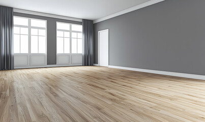 Fototapeta premium Vintage modern living room in 3D with wood floors and gray walls.