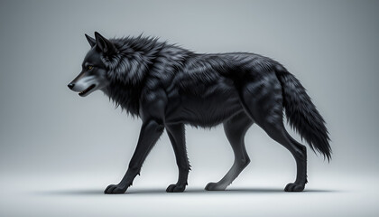Fototapeta premium A Majestic Black Wolf Strides Confidently Through A Minimalist, Grey Landscape Its Sleek Fur And Powerful Form Captured In A Dramatic, Side Profile View Isolated on Transparent Background