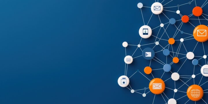 The image features a network of connected icons representing communication, email, and data sharing against a blue background. - Powered by Adobe