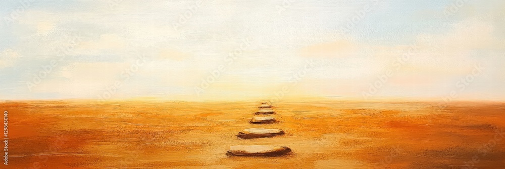 Poster path of stones leading towards a warm sunset across a vast landscape. generative ai