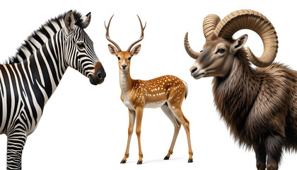 A Majestic Zebra, A Graceful Deer, And A Powerful Ram Stand Together In A Striking Portrait Against A Clean Isolated on Transparent Background