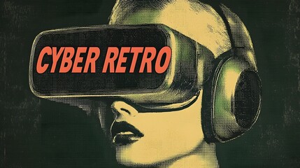 Cyber Retro Woman Deeply Immersed in Vintage Virtual Reality Headset with Halftone Texture Neon Glow and Retro Futuristic Atmosphere
