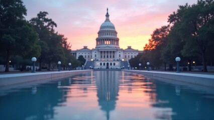 Naklejka premium Capitol Building, Minimalist perspective of Capitol dome seen through reflective water blending sunrise colors with abstract art elements.