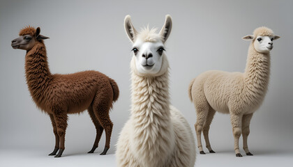 Fototapeta premium A Charming Llama And Two Alpacas, Peacefully Posed Against A Neutral Backdrop, Showcasing Their Luxuriously Soft Coats In A Serene Studio Setting Isolated on Transparent Background