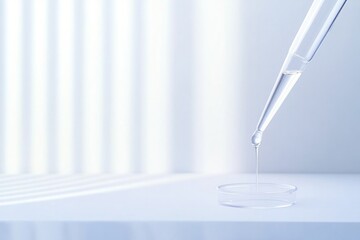 Precision dropper releasing liquid into clear dish, illuminated