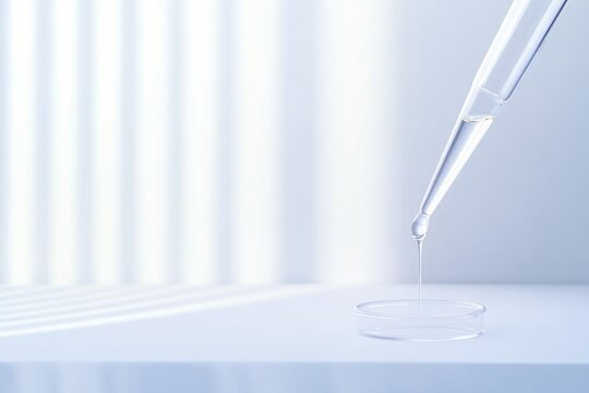 Precision dropper releasing liquid into clear dish, illuminated